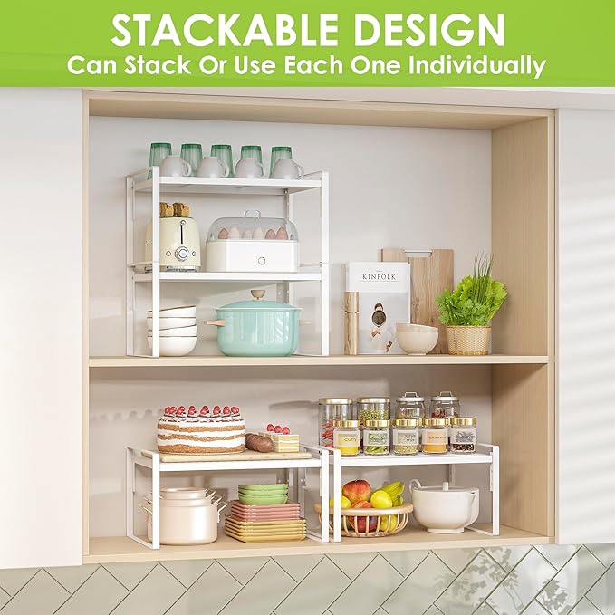 2 Pack Kitchen Countertop Organizer, Stackable Cabinet Shelf Organizer, 2 Tier Adjustable Kitchen Counter Shelves Riser For Pantry Cupboard Bathroom Organization And Storage, Desk Shelf,Spice Rack-HomvellaHome