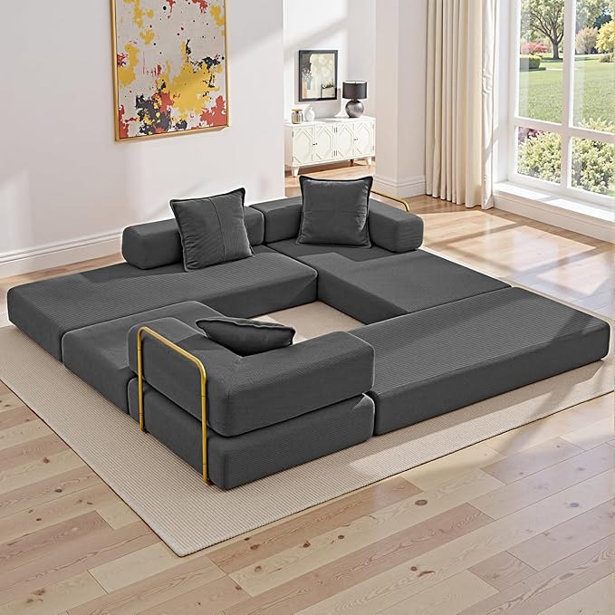 108" Oversized Convertible Sleeper Sofa Bed, Corduroy L Shape Sectional Couch, Folding Sofa Bed with Side Pocket, Modern Cloud Floor Mattress Couch, Modular Sofa for Living Room, Grey-HomvellaHome