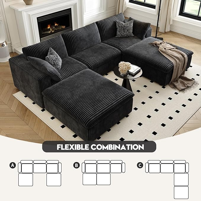 118" Cloud Couch Modular Sectional Sofa for Living Room,Modern Sofa with Deep Seat，U-Shape Boneless Couch with 2 Ottoman,Comfy Upholstered Corduroy Couches for Apartment, Studio, Office,Bedroom，Black-HomvellaHome