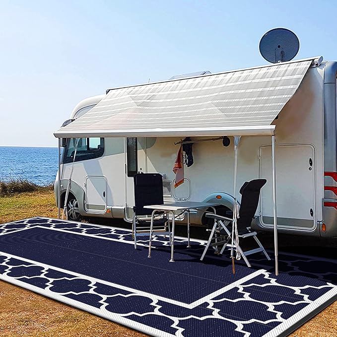 GENIMO 10 ' x 20 ' Outdoor Rug Waterproof for Patio Decor, Foldable Reversible Plastic Straw Area Rugs Mat for Camper, Outside Carpet for Rv, Deck, Porch, Picnic, Beach, Balcony, Blue & White-HomvellaHome