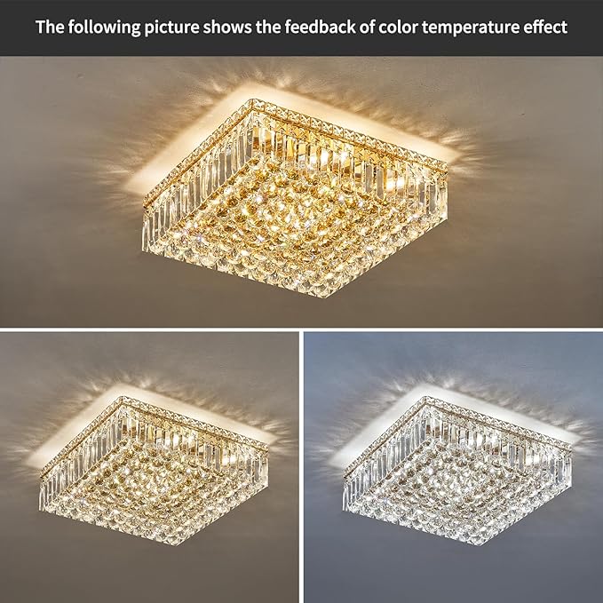 12-Lights Gold Crystal Flush Mount Ceiling Light Fixtures,Elegant Crystal Chandelier Pendant Ceiling Lamp for Bedroom,Living Room,Dining Room,Hallway H5.9 x W20 x L20 (Bulb Not Included) Square-HomvellaHome