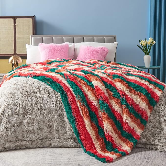 GONAAP Fuzzy Faux Fur Throw Blanket Stripe Red Brown Super Soft Cozy Plush Fuzzy Shaggy Blanket for Couch Sofa Bed (Stripe Red Brown, Throw(50"x60"))-HomvellaHome