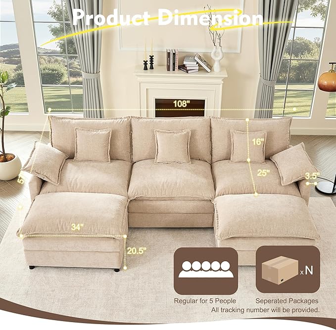 108" U Shaped Couch, Modular Sectional Sofa, 3-Seater Comfy Cloud Couch with Movable Ottoman, Deep Seat Couches for Living Room, Chenille, Flat White-HomvellaHome