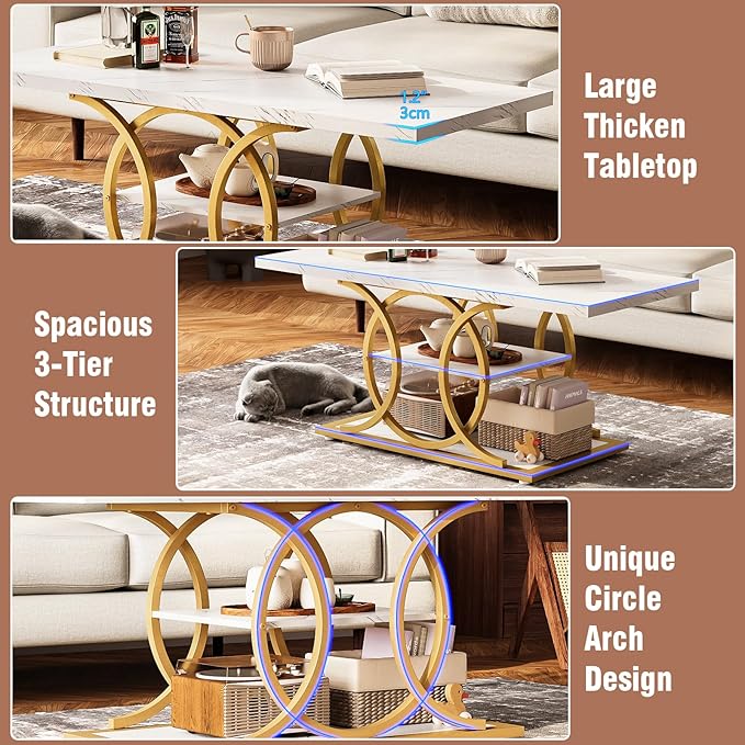 GiftGo Rustic Coffee Table with Storage Modern 3 Tier Center Living Room Table Faux Marble Wooden Rectangle Cocktail Tea Table for Office Bedroom Elegant Full Moon Design (White Gold, L-47)-HomvellaHome