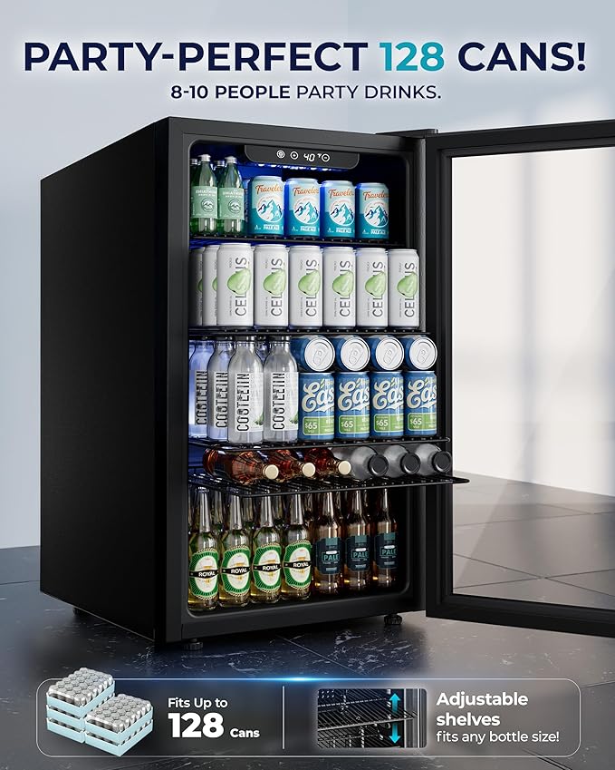 EUHOMY Beverage Refrigerator and Cooler, 128 Can Mini fridge with Glass Door, Small Refrigerator with Adjustable Shelves for Soda Beer or Wine, Home/Bar/Office, Black-HomvellaHome
