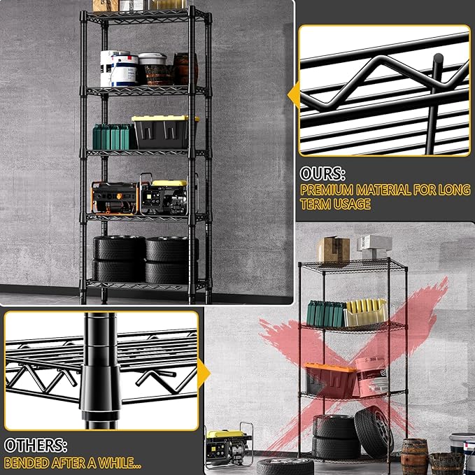 1250 lbs 5 Tier Shelf Metal Storage Shelves Wire Rack Closet Organizers for Garage Kitchen Bathroom Laundry Black 11.8" D x 23.6" W x 59.5" H-HomvellaHome