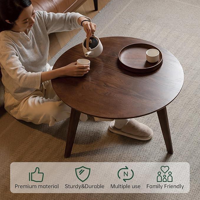 100% Solid Oak Wood Mini Coffee Table, Round Side Table w/Solid Wood Legs, Walnut Mid Century Coffee Table w/Sturdy Frame for Bedroom Balcony Living Room (29.53" D x 17.72" H)-HomvellaHome