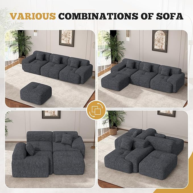 122" Modern L Shaped Modular Sectional Sofa, Boneless Couches for Living Room with Ottoman,4 Seater Convertible Chenille Cloud Couch Sofa Set, No Assembly Required, Grey-Black 1 PCS-HomvellaHome