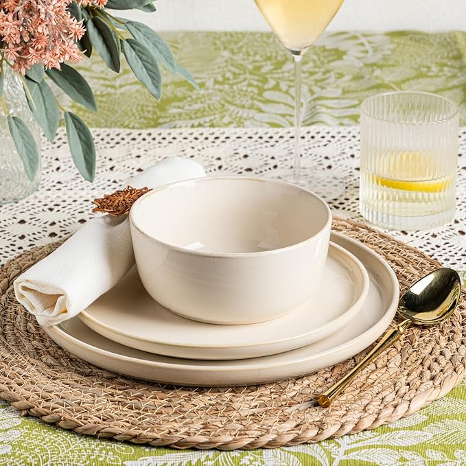 GBHOME Ceramic Dinnerware Sets for 4, 12 Pieces Stoneware Plates and Bowls Sets, Scratch Resistant Dishes, Dishwasher & Microwave Safe, Reactive Glaze-Vanilla color-HomvellaHome