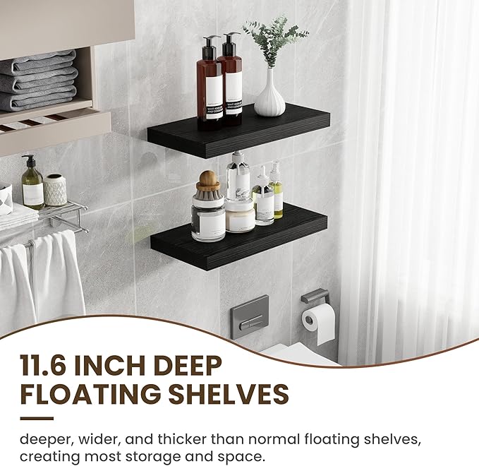 12 Inch Deep Floating Shelves, 24 Inch Long Floating Shelves for Wall, Floating Shelf with Invisible Brackets, Deep Shelves for Bathroom, Bedroom, Living Room, 2 Pack, Black-HomvellaHome