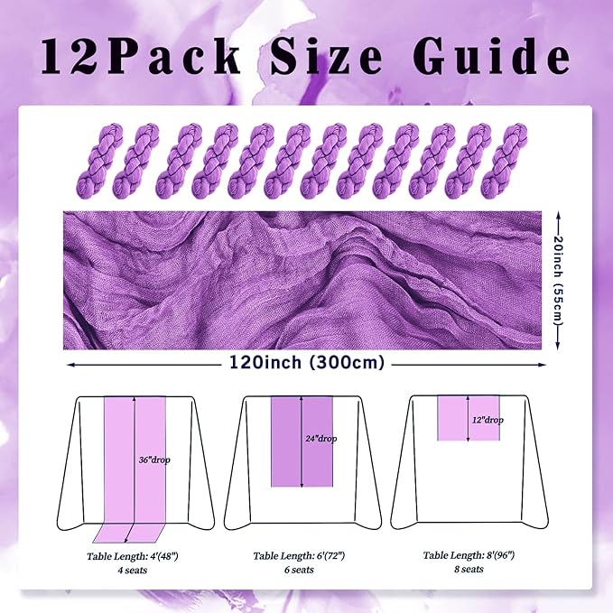 12 Pack Purple Cheesecloth Table Runner 10FT Boho Fabric Rustic Cheese Cloth Table Runner for Wedding Bridal Shower Baby Shower Gauze Sheer Birthday Party Table Decorations 20 x 120 Inch Long-HomvellaHome