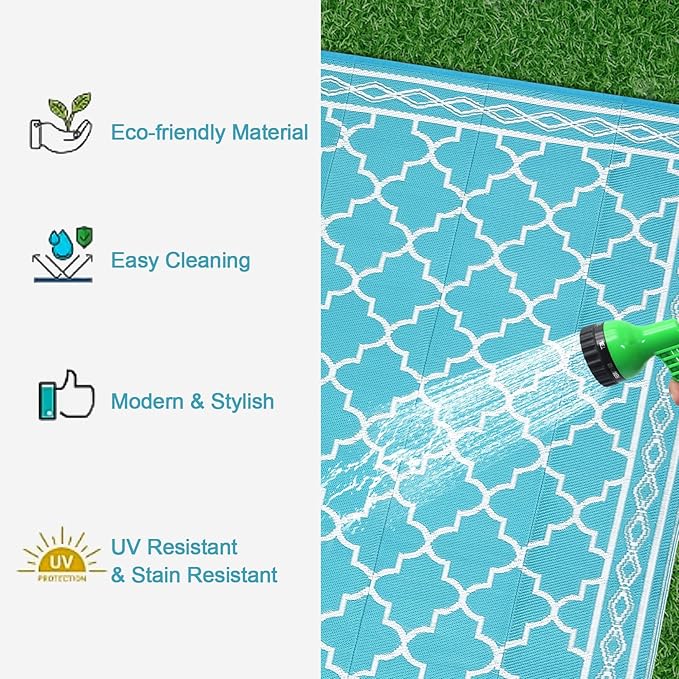 GAOMON Outdoor Plastic Straw Rug, 10'x14' Reversible Sage Green Patio Mat, Flower Modern Design for RV, Backyard, Deck, Camping, Picnic, Teal/White(Geometric)-HomvellaHome