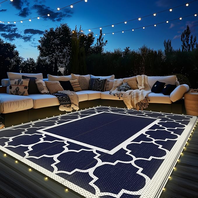 GENIMO 6' x 9' Outdoor Rug Waterproof for Patio Decor, Foldable Reversible Plastic Straw Area Rugs Mat with String Light, Led Carpet for Camper, Rv, Deck, Porch, Picnic, Beach, Balcony, Blue & White-HomvellaHome