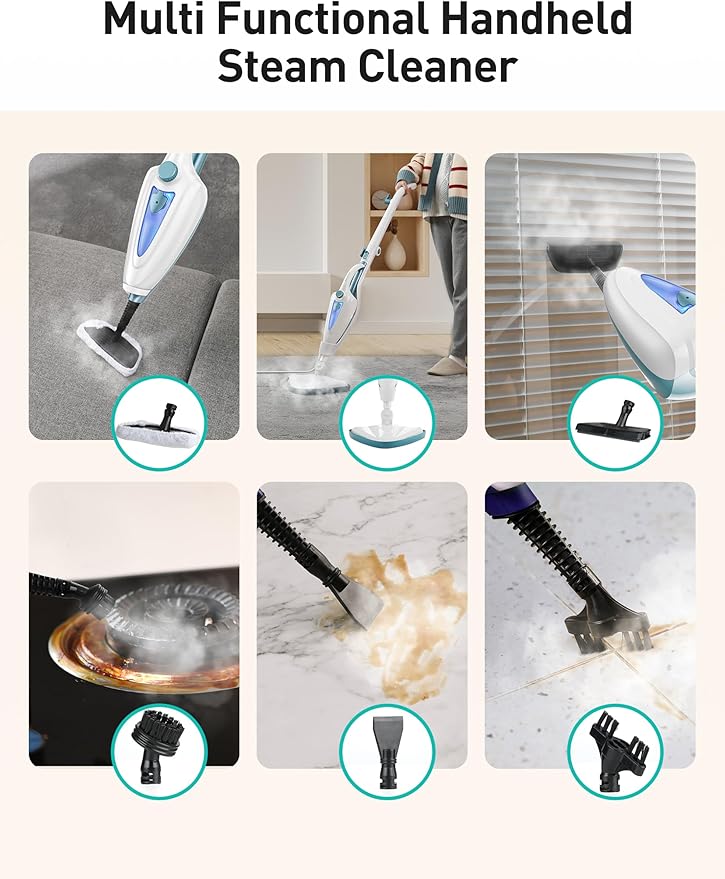 12-in-1 Steam Mop, Fast 15-Sec Heat-Up, 1500W Detachable Handheld Steam Cleaner with 2 Dirt Grip Pads, Removes 99.99% Stubborn Stains for Hardwood Floors, Windows, Tiles, Furniture, Pearl Teal-HomvellaHome