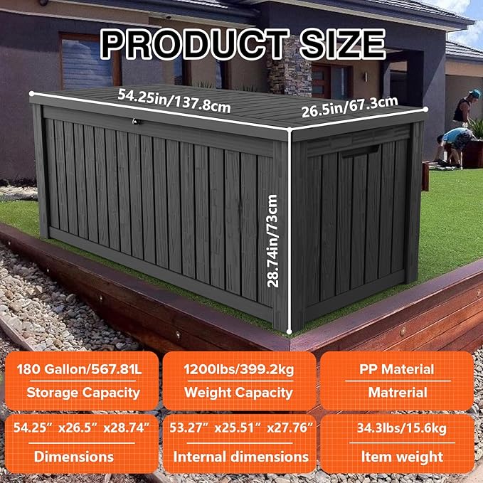 180 Gallon Lockable Resin Deck Box, Waterproof & UV-Resistant Outdoor Storage Box for Outdoor Cushion Storage, Garden Tools & Pool Accessories Storage, Black-HomvellaHome