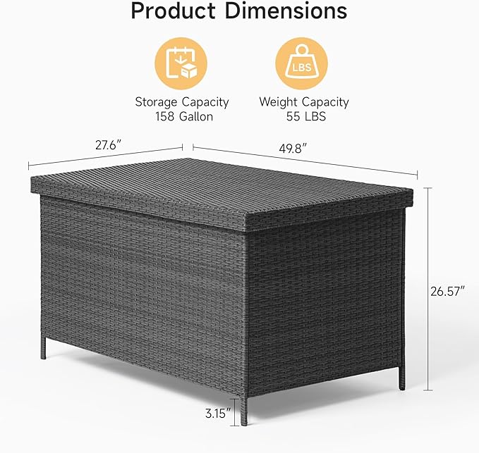 158 Gallon XL Deck Box with Lid, All Weather Wicker Outdoor Storage Box Waterproof, Large Outdoor Patio Storage Bin for Cushions, Garden Tools, Gears, Pool Accessories, Black-HomvellaHome