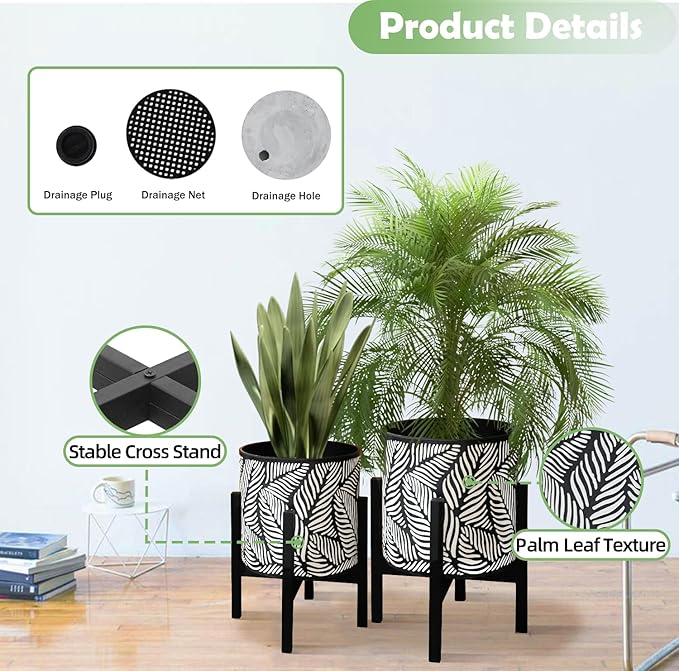 10 & 12 Inches Plant Pot with Stand Set of 2, Decorative Palm Leaves Printing Planter with Holder, Garden Pot for Snake Plant, Monstera, Houseplants - Indoor Outdoor Flower Pots with Drainage Holes-HomvellaHome