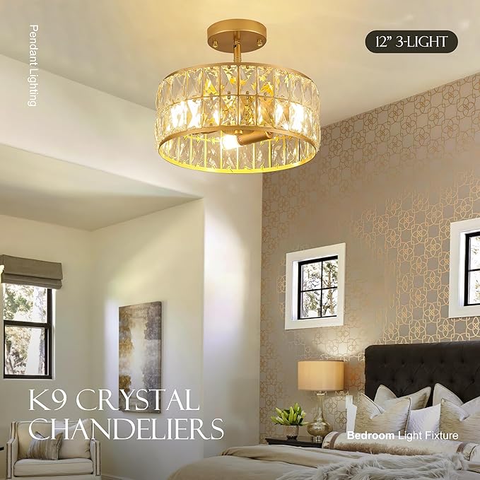12” 3-Light Modern Crystal Chandeliers Gold Dinning Room Light Fixture, Round Pendant Light Kitchen Island Chandelier, Flush Mount Ceiling Light for Living Room Entryway Bedroom Foyer-HomvellaHome