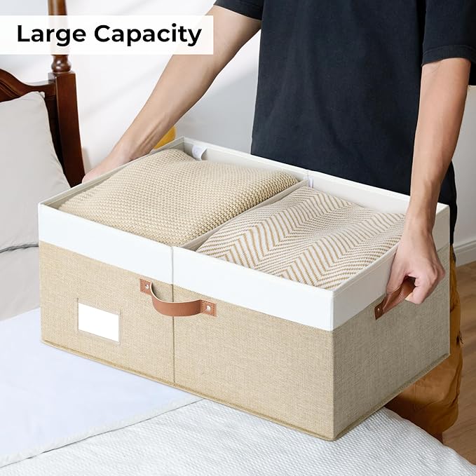 GRANNY SAYS Decorative Storage Boxes with Lid, Large Storage Bins with Double-Open Lid and Divider, Fabric Storage Bin for Clothes, 63L Closet Linen Storage Bin, White/Khaki-HomvellaHome