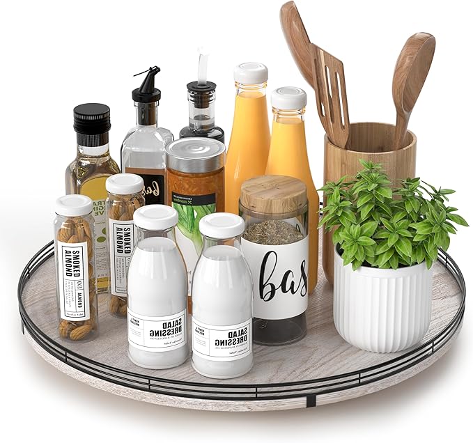 16" Lazy Susan Oak Wood Turntable Organizer for Cabinet, Farmhouse Round Wooden Lazy Susan Organization and Storage for Dining Table, Pantry, Kitchen, Bathroom, Countertop, Cupboard, Kitchen Decor-HomvellaHome