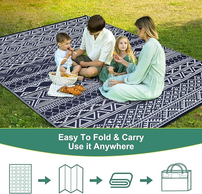 GAOMON Outdoor Rug Waterproof 8'x10', Reversible Outdoor Plastic Straw Rug, Boho Patio Rug, Indoor Outdoor Carpet, RV Mat Outside for Patio, Camp, Picnic, Balcony, Deck, Dark Blue/White(Bohemia)-HomvellaHome