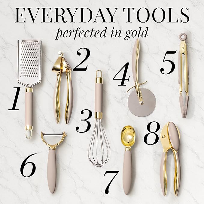 Gold and Beige Kitchen Utensils Set – 8 PC Cooking Gadgets with Mini Gold Whisk and Tongs, Pizza Cutter, Garlic Press, Cheese Grater, Peeler, Can Opener, Scoops – Stylish Beige Kitchen Accessories-HomvellaHome