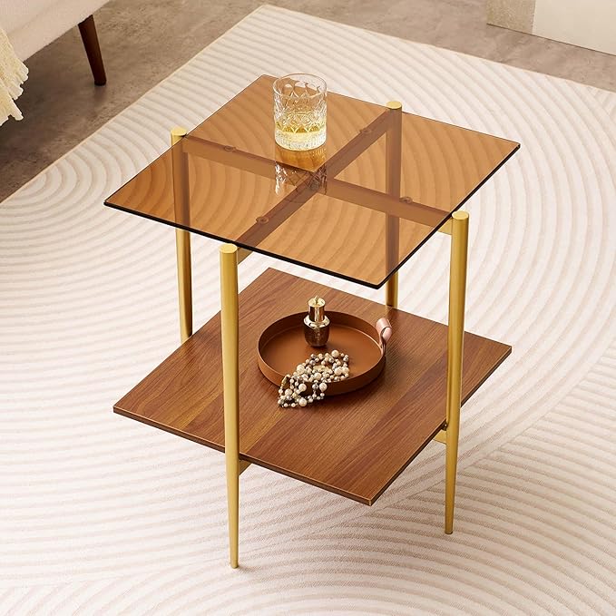 Glass End Table, Mid-Century Modern Design Sofa Table, L41 x W21 x H17, for Living Room, 2-Tier Structure, Clear Glass Top and Walnut MDF Shelf, Sleek Conical Metal Legs with Gold Finish Frame-HomvellaHome