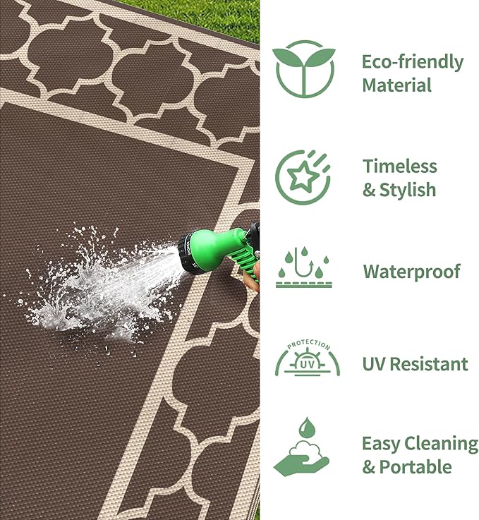 GENIMO 5' x 8' Outdoor Rug Waterproof for Patio Decor, Foldable Reversible Plastic Straw Area Rugs Mat for Camper, Outside Carpet for Rv, Deck, Porch, Picnic, Beach, Balcony, Coffee & Beige-HomvellaHome