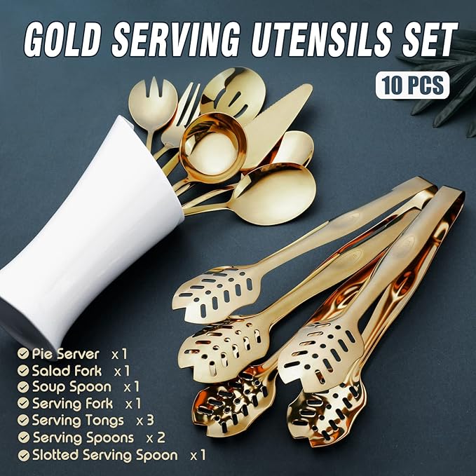 Gold Serving Utensils, OGORI 10-Piece Polished Stainless Steel Gold Serving Utensils Set Include Serving Spoons, Slotted Serving Spoon, Serving Tongs, Serving Fork, Salad Fork, Soup Ladle, Pie Server-HomvellaHome