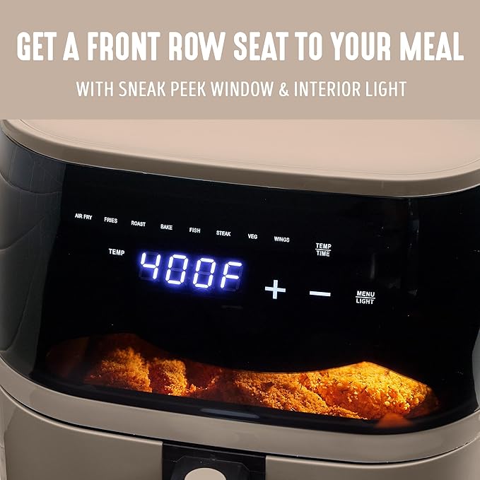 GreenLife Compact Electric Air Fryer Oven, 5.3 QT, PFAS-Free Ceramic Nonstick Drawer, 8 One Touch Digital Display, Easy View Window, Auto Shut-Off Timer, Dishwasher Safe Parts, 1500 Watts, Taupe-HomvellaHome