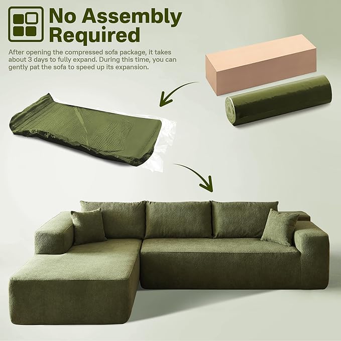 104" Cloud Sectional Couches for Living Room,L Shaped Boneless Couch in A Box,Sleeper Sofa with Comfy Chaise No Assembly Required,Green-HomvellaHome