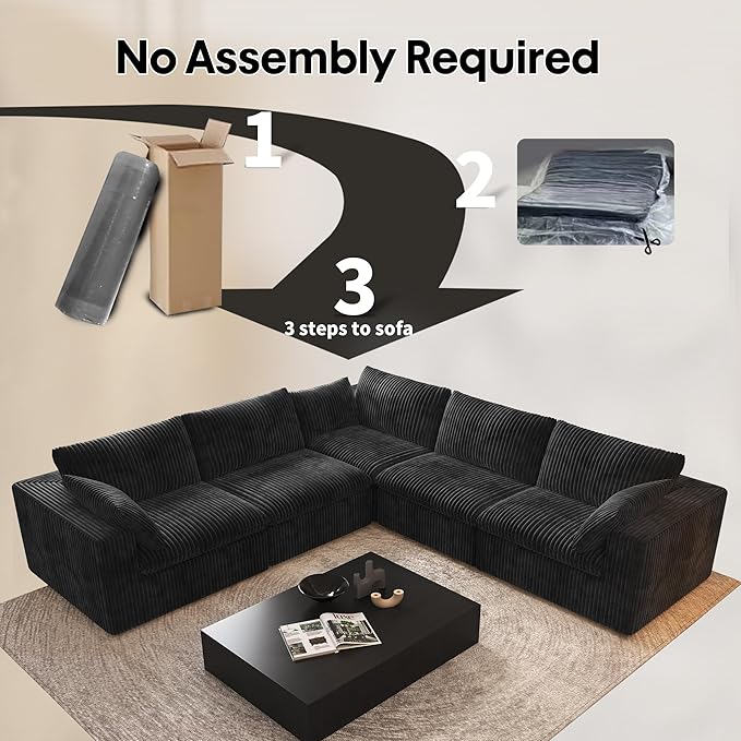118" V Shaped Corner Modern Sofa Modular Sectional Cloud Couch,Deep Seat Upholstered Couches with Plush Corduroy Fabric for Living Room Furniture,Bedroom and Apartment,No Assembly Required,Black-HomvellaHome