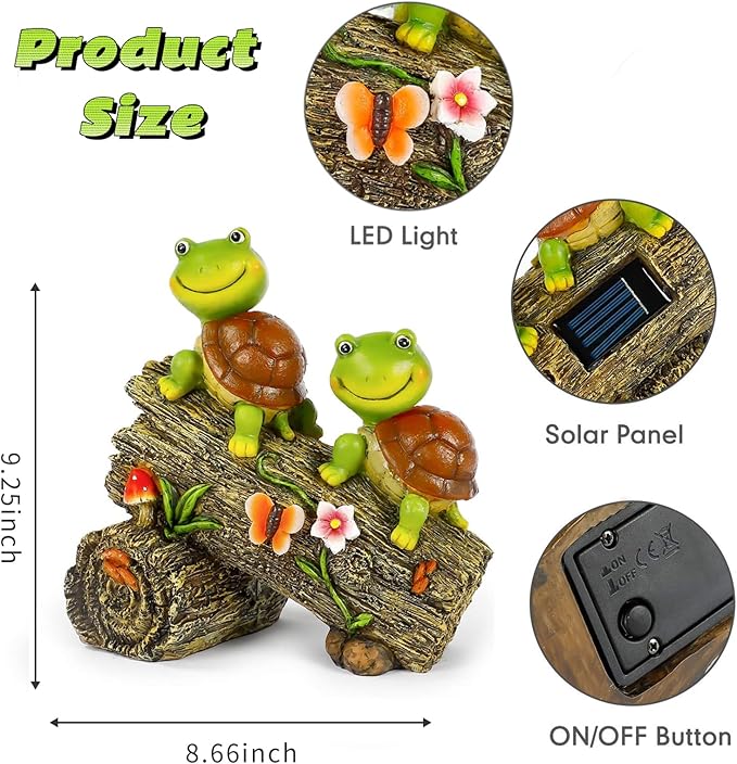 Garden Turtle Figurines Outdoor Decorations, Solar Powered Sweet Frog Face Turtles Resin Statue with 4 LED Lights, Garden Art Spring Fall Winter Christmas Decor for Patio Lawn Yard-HomvellaHome