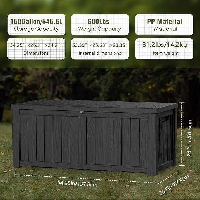 150 Gallon Lockable Resin Deck Box, Waterproof & UV-Resistant Outdoor Storage Box for Outdoor Cushion Storage, Garden Tools & Pool Accessories Storage, Black-HomvellaHome