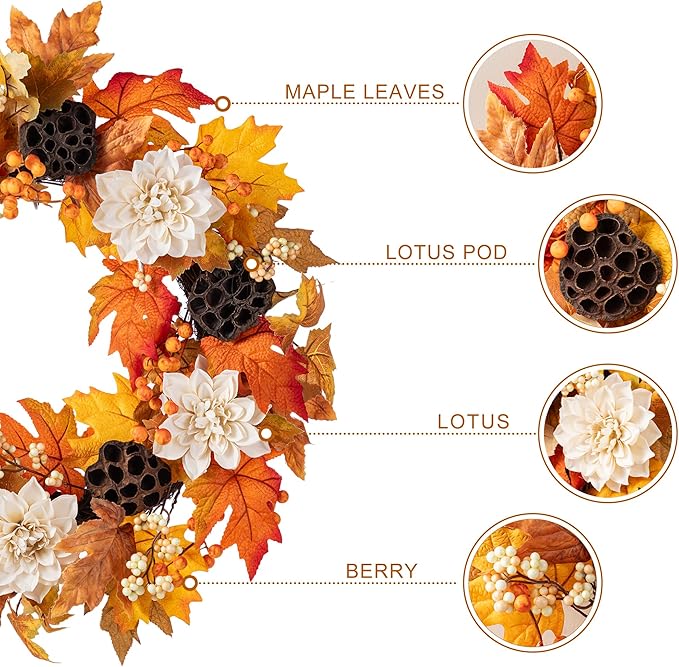 Glitzhome 24" D Fall Sorghum Wreath with Metal Hanger, Harvest Wreath for Front Door, Fall Door Wreaths for Indoor Outdoor Thanksgiving Harvest Holiday Decorations-HomvellaHome