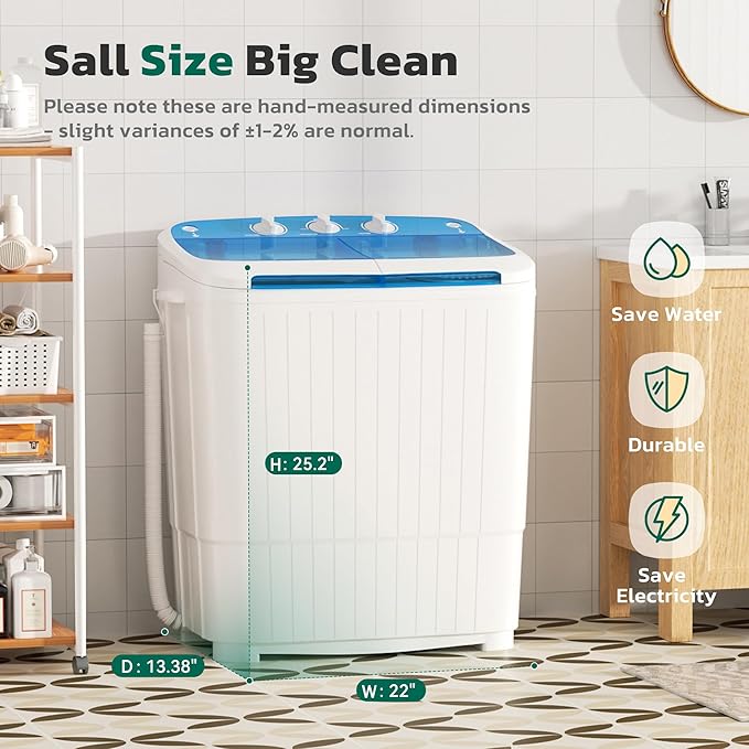 Greenvelly Portable Washing Machine, 16 Lbs Compact Mini Washer and Dryer Combo, Semi-automatic Twin Tub Washer with Drain Pump for Dorms, Apartments, RVs (Blue)-HomvellaHome