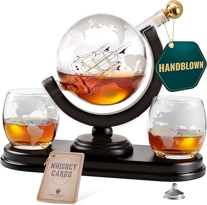 Globe Whiskey Decanter Gift Set by Royal Reserve | Etched World Map Globe Decanter 29 oz 850 ml with Glasses for Bourbon, Liquor – Whiskey Gifts for Men Dad Boyfriend Husband-HomvellaHome