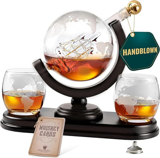 Globe Whiskey Decanter Gift Set by Royal Reserve | Etched World Map Globe Decanter 29 oz 850 ml with Glasses for Bourbon, Liquor – Whiskey Gifts for Men Dad Boyfriend Husband-HomvellaHome