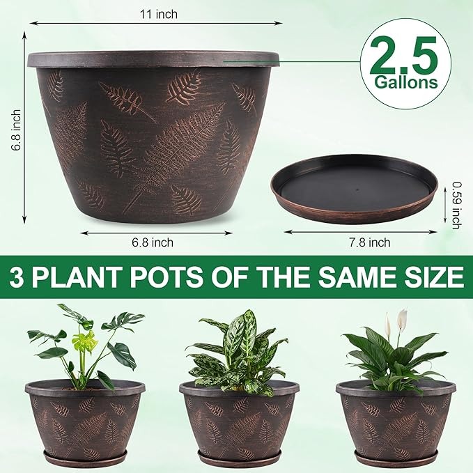 11 inch Plant Pot, 3 Pack Large Pots for Plants, Flower Pots with Drainage Hole & Saucer, Modern Planters for Indoor Outdoor Plants, Decorative Plastic Garden Pots (Copper)-HomvellaHome