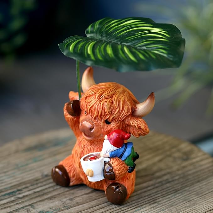 Garden Gnome with Highland Cattle 6.5“ Figurine Ornament for Indoor Outdoor Home Patio Yard Lawn, Red Hat, Blue Outfit, Indoor Outdoor Decorative Statue-HomvellaHome