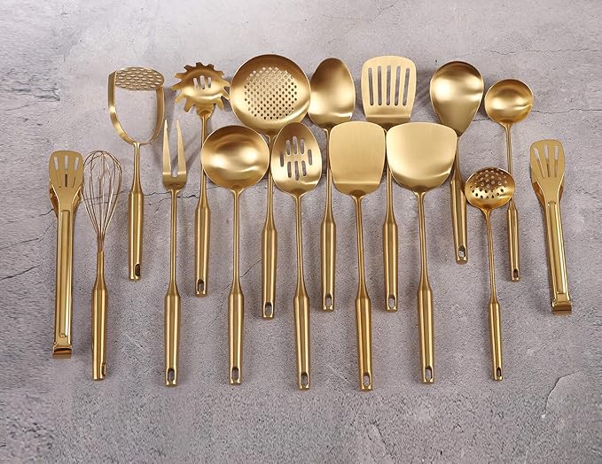 Gold Cooking Utensils Set - 18/10 Stainless Steel Large and Small Spoons Set, 16 PCS All Metal Kitchen Tools, Serving Utensils - Whisk, Masher, Fork, Tongs, Spatula, Ladle, Skimmer, Turner, Pasta-HomvellaHome