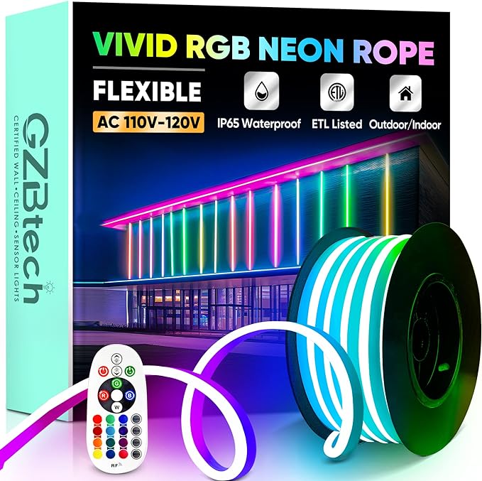 GZBtech RGB LED Neon Rope Lights 16.4FT/5M, AC 110-120V Waterproof Color Changing LED Rope with Remote Controller, Dimmable Multi Color Neon Rope Lighting for Indoor Outdoor Commercial Use-HomvellaHome
