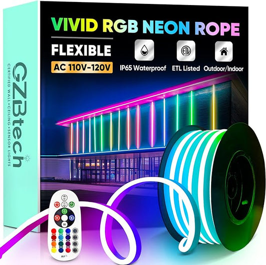 GZBtech RGB LED Neon Rope Lights 16.4FT/5M, AC 110-120V Waterproof Color Changing LED Rope with Remote Controller, Dimmable Multi Color Neon Rope Lighting for Indoor Outdoor Commercial Use-HomvellaHome