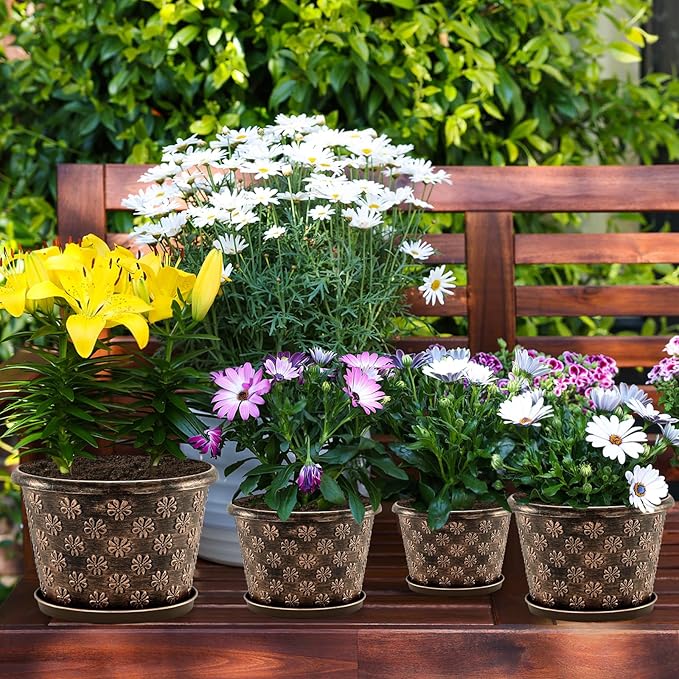 16 Inch Planter Pots for Plants, Plastic Large Flower Pots Indoor Outdoor, 4 Pack Resin Plant Pot with Drainage & Saucer, Retro Decorative Garden Pot with Removable Trays for House-HomvellaHome