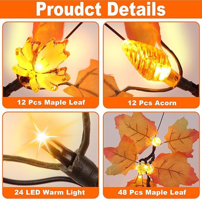 2 Pack 24 Inch Prelit Fall Maple Tree Fall Decor with 48 LEDs Timer Battery Operated Artificial Fall Light Up Tree Maple Acorn for Fall Thanksgiving Decorations Table Home Office Indoor Autumn Harvest-HomvellaHome