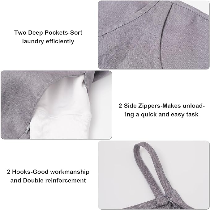 100% Pure Linen Dual Hanging Laundry Bag with 2 Deep Pocket and 2 Side Zipper 20x27in, Over The Door Laundry Hamper Space Saving Hampers for Dirty Clothes Home Travel, Grey-HomvellaHome