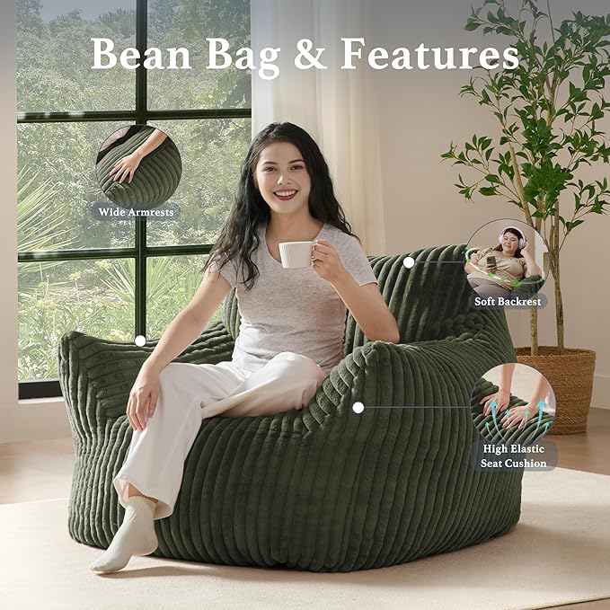 Giant Plush Bean Bag Chair for Adults with Armrests - Oversized Comfy Green Beanbag Lounge Lazy Floor Sofa Accent Chair for Living Room, Bedroom & Dorm, Cozy Fluffy Single Cloud Mini Couch-HomvellaHome