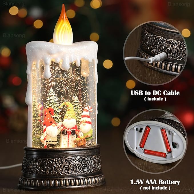 Gnome Snow Globe Candle Christmas Decorations Gifts Auto Snowfall Glitter Music Collection with 6H Timer USB/Battery Powered 9.7 inch-HomvellaHome