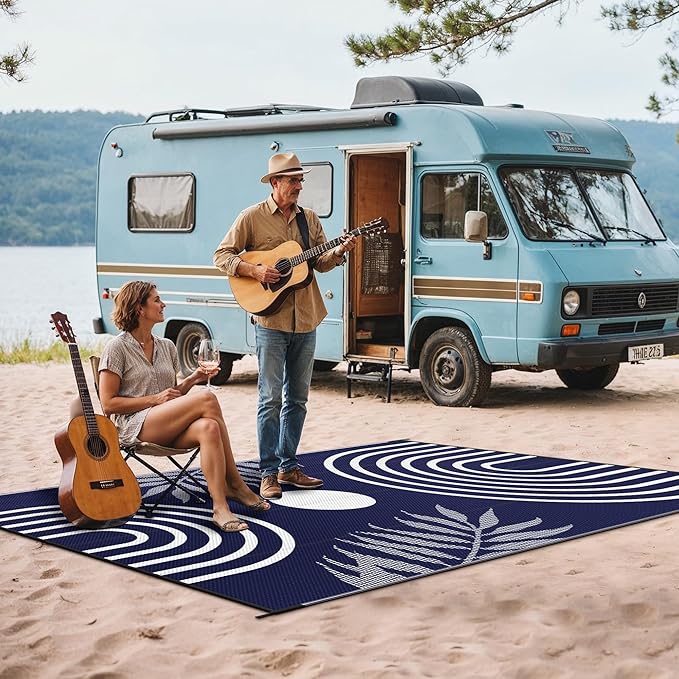 GENIMO Outdoor Rug 6' x 9' Waterproof for Patio Clearance, Reversible Lightweight Plastic Straw Camping Carpet, Large Area Rugs Mats for Rv, Backyard, Deck, Porch, Picnic, Balcony, Mix-Blue & White-HomvellaHome