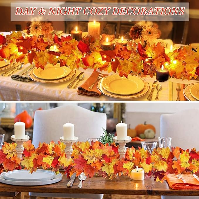 2 Pack Fall Decor Maple Leaves Garland with Lights Battery Operated Fall Thanksgiving Decorations Garland for Home Porch Front Door Table Mantle Outdoor Autumn Harvest Halloween Decor, 11.8Ft 40LED-HomvellaHome
